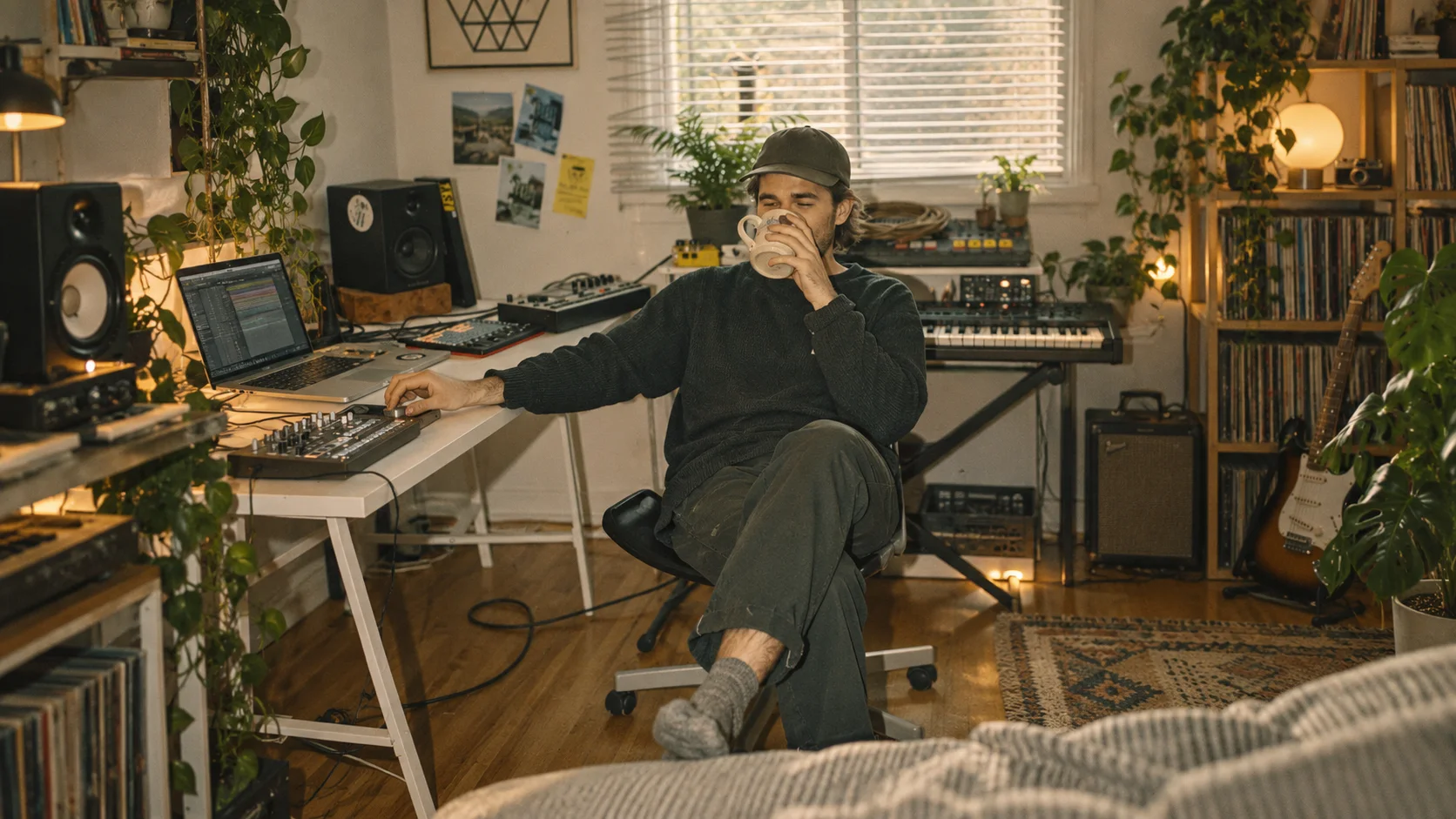 A man sipping from a mug at his home music studio desk, laptop, speakers and synths around him, records and a guitar on the shelves