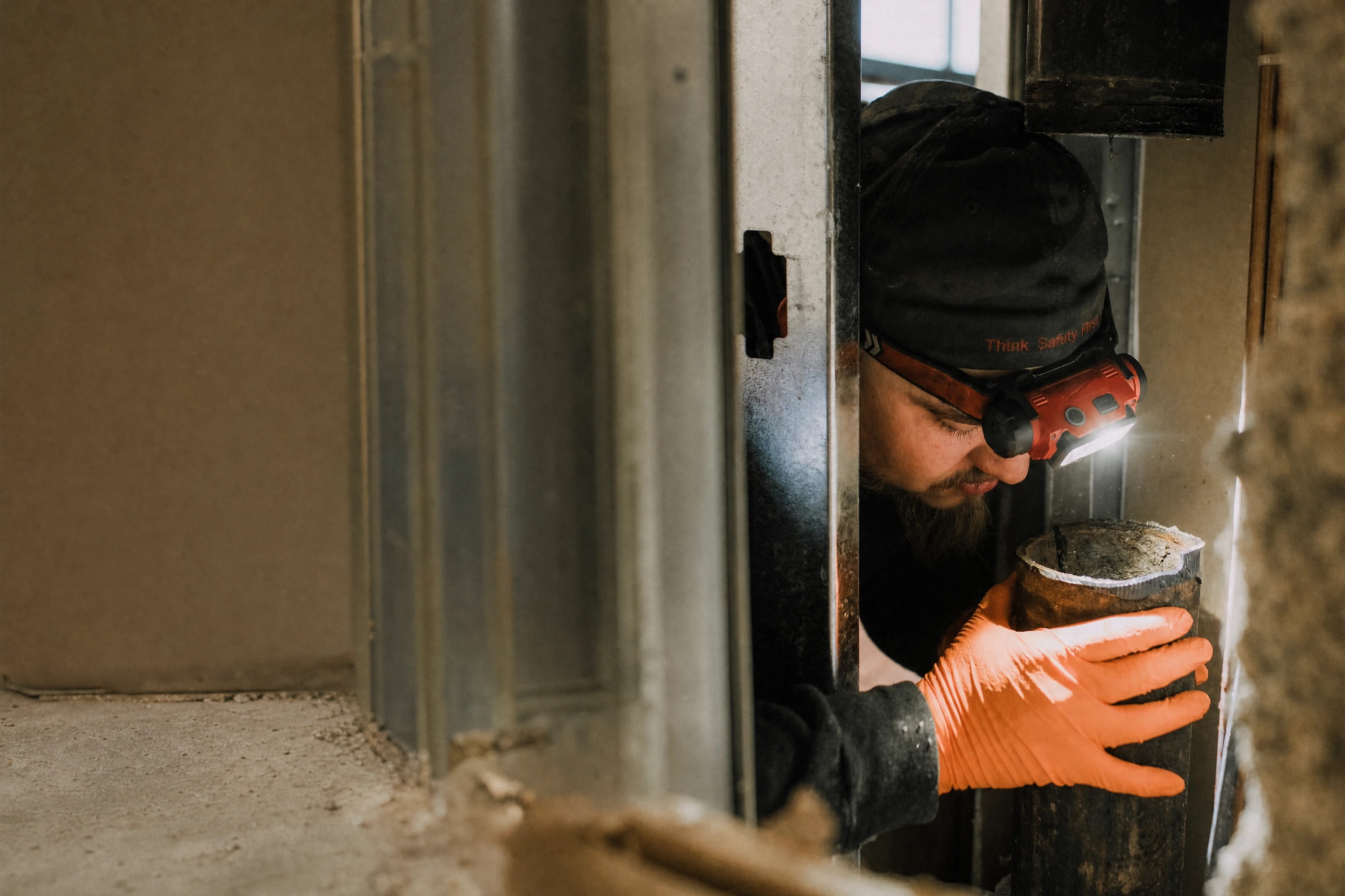 A tradesperson with a head torch inspecting an old pipe inside a wall
