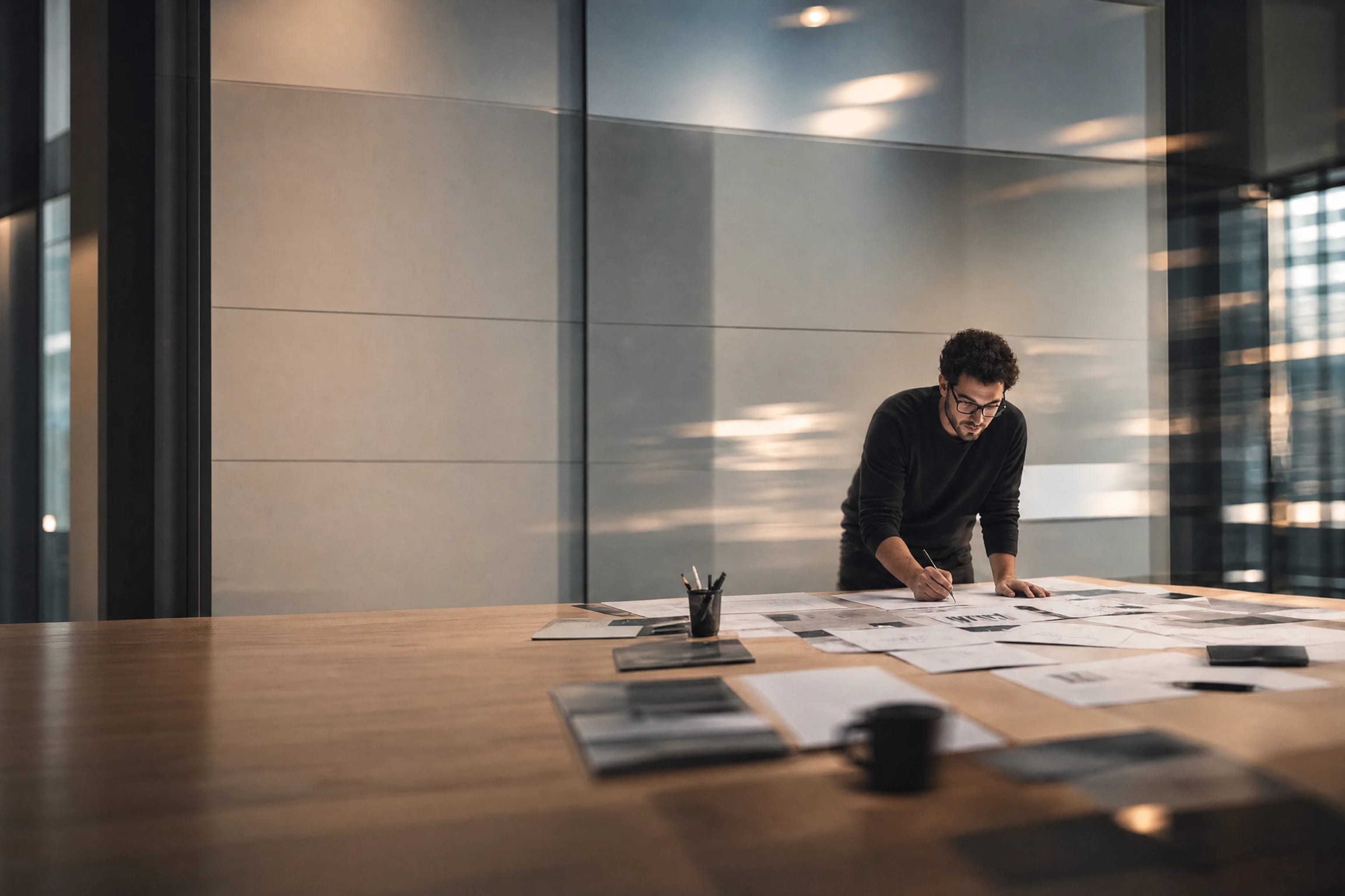 A professional working over plans spread across a long meeting table