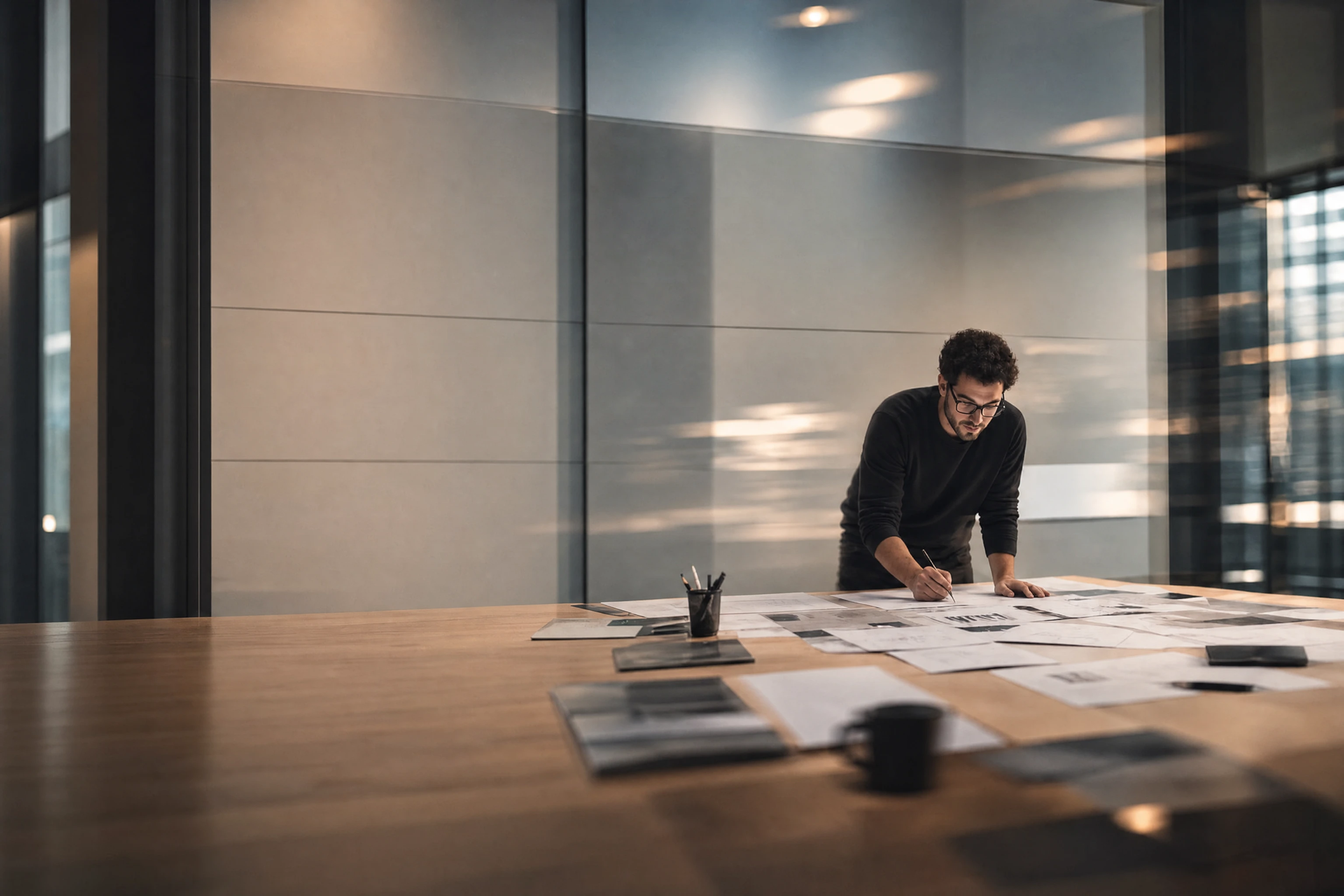 A professional working over plans spread across a long meeting table