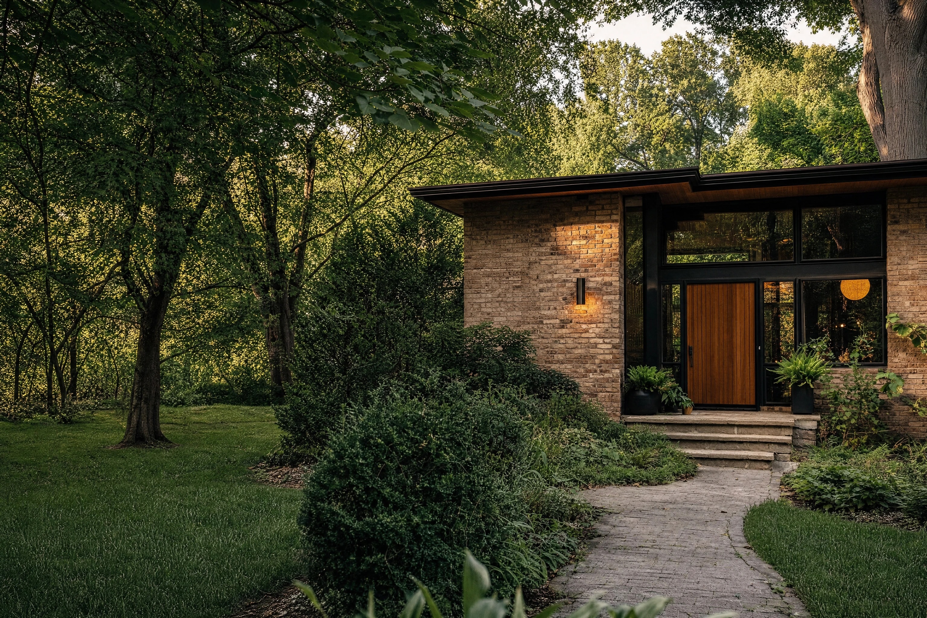 The front entrance of a mid-century home with a wooden door and garden path