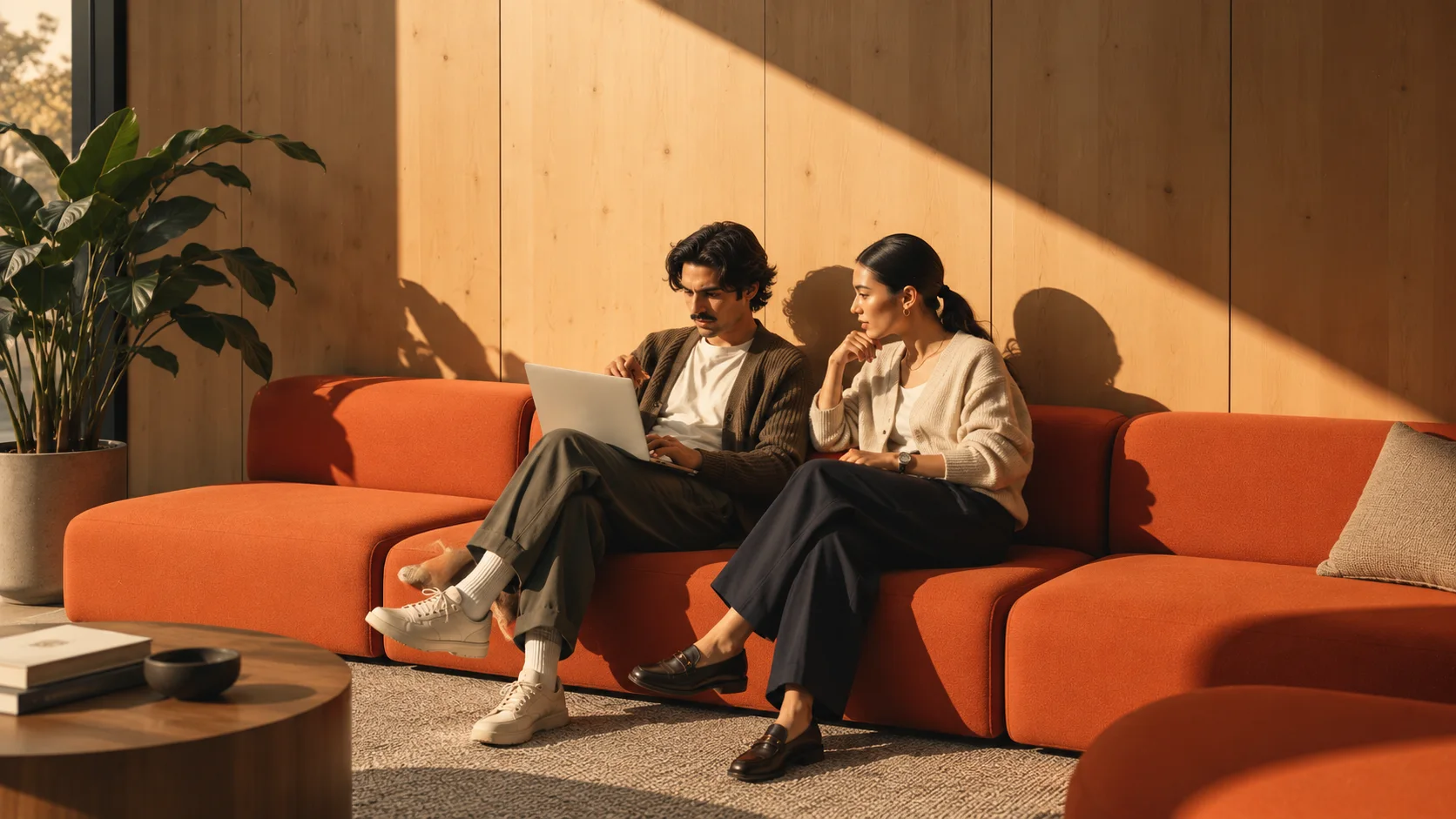 Two colleagues on an orange sofa in warm afternoon light, one with a laptop on his knee, the other leaning in to look