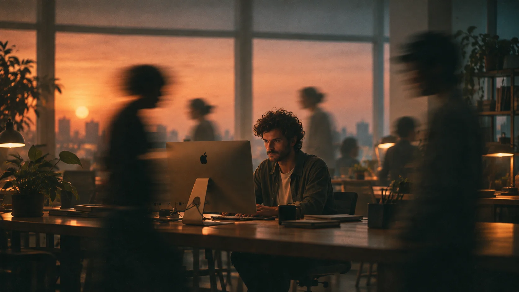 A man working at a desktop computer in a busy open studio at sunset, colleagues moving past in a blur against a city skyline
