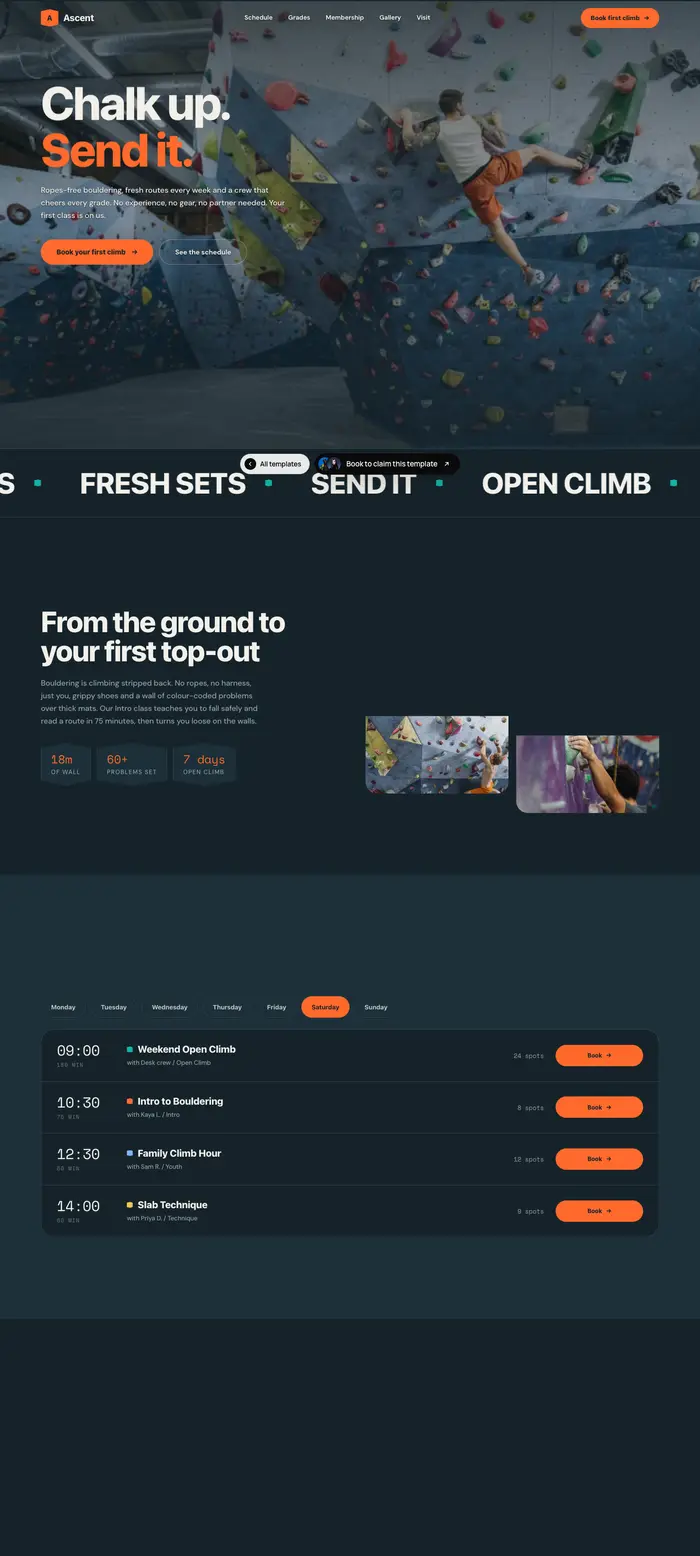 A climbing gym: chalk up, send it, over a bright action shot and a first top-out plan