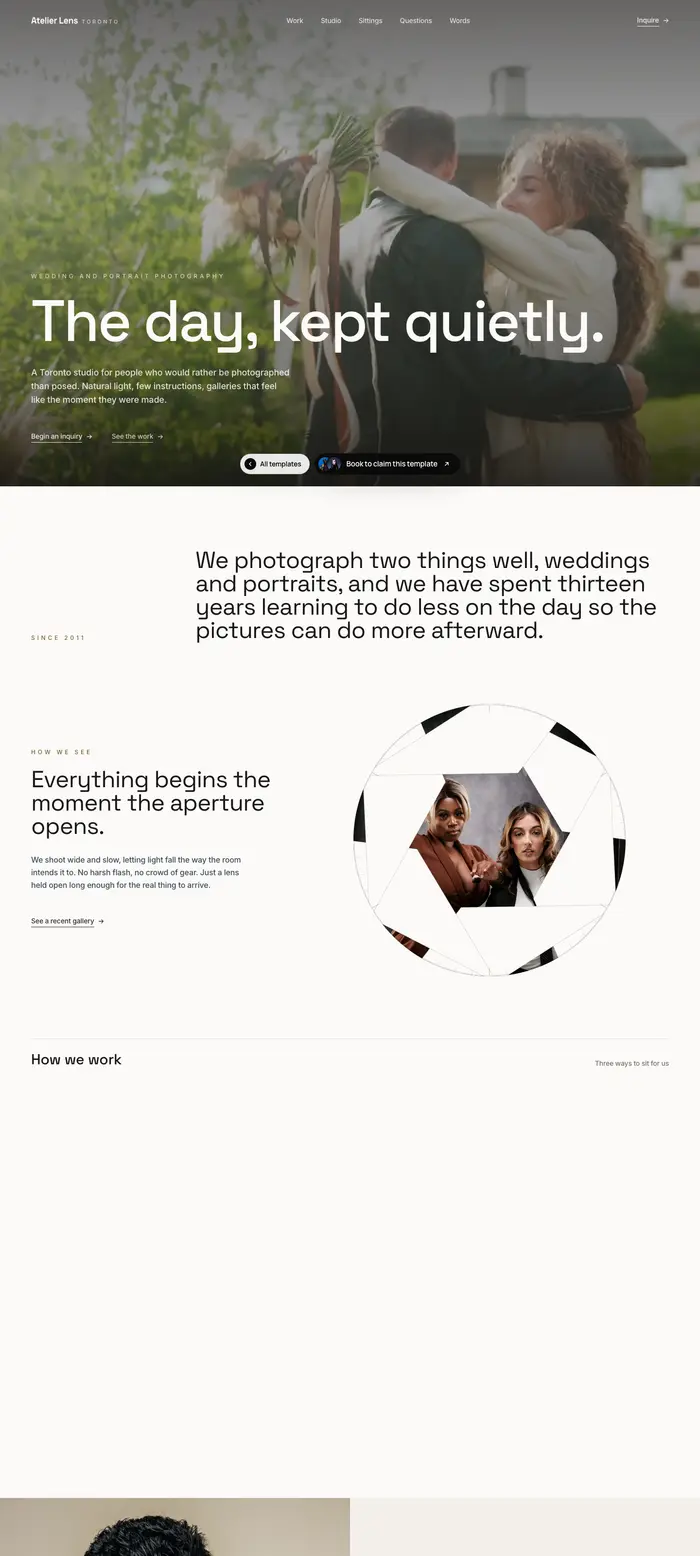 A wedding and portrait photographer: the day, kept quietly, over a soft editorial hero