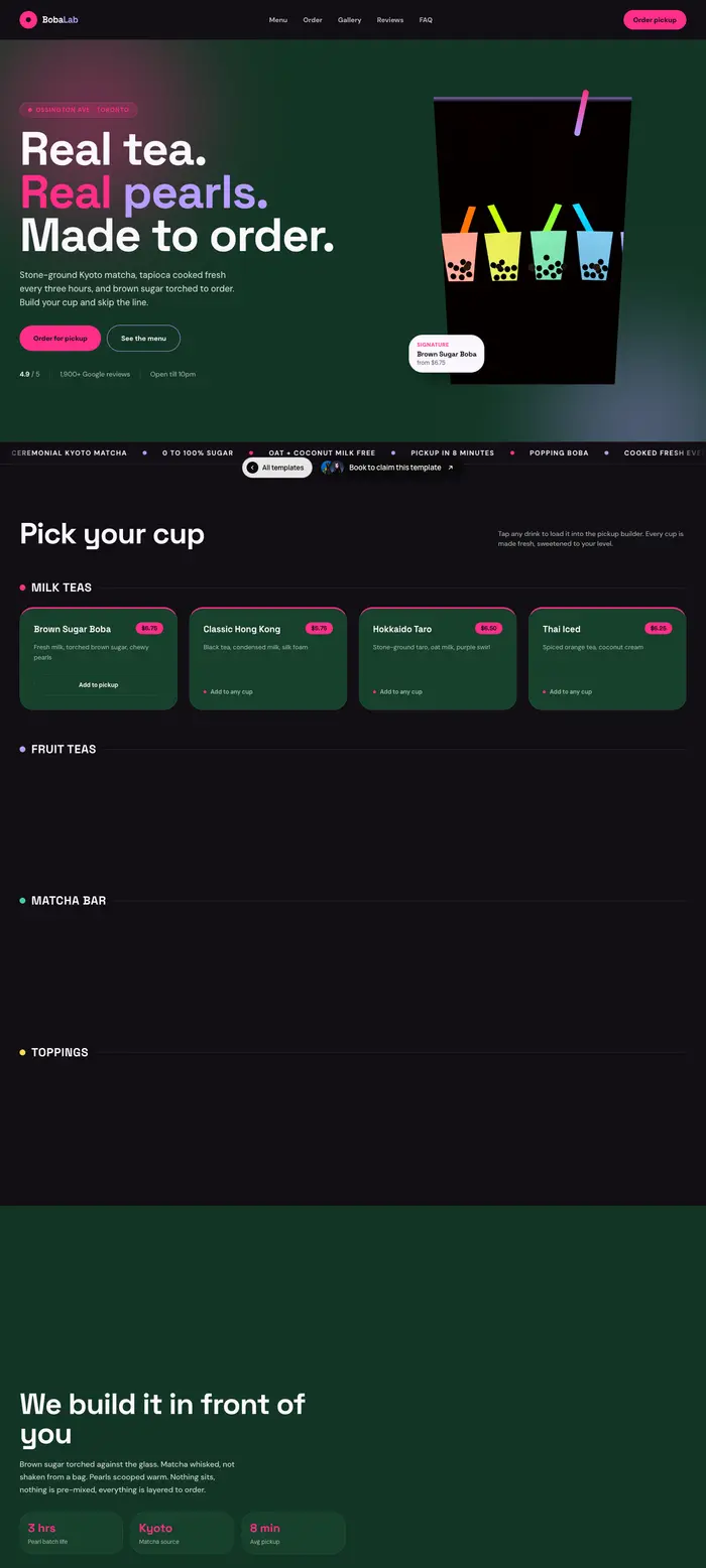 A bubble tea shop: real tea, real pearls, made to order, with a build-your-cup picker
