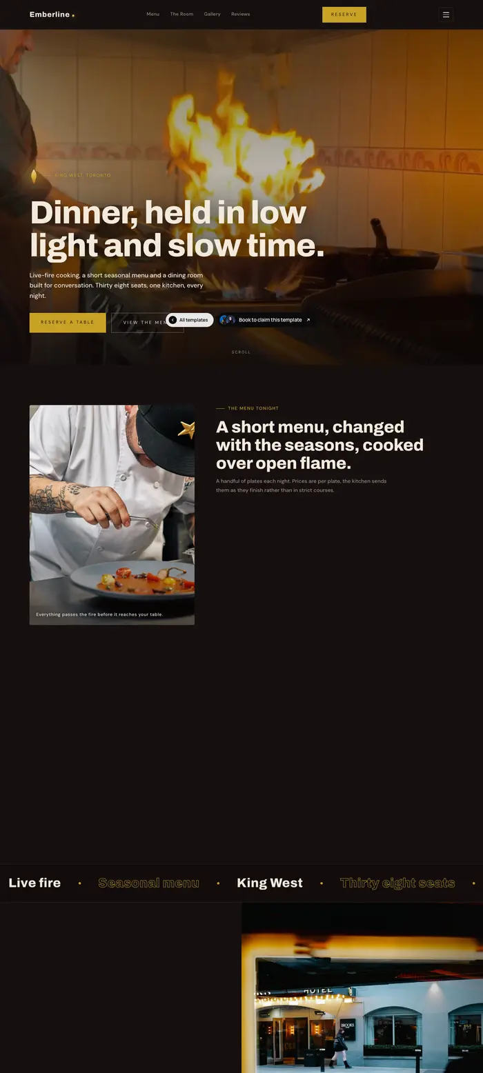 A restaurant: dinner, held in low light and slow time, over open-flame photography