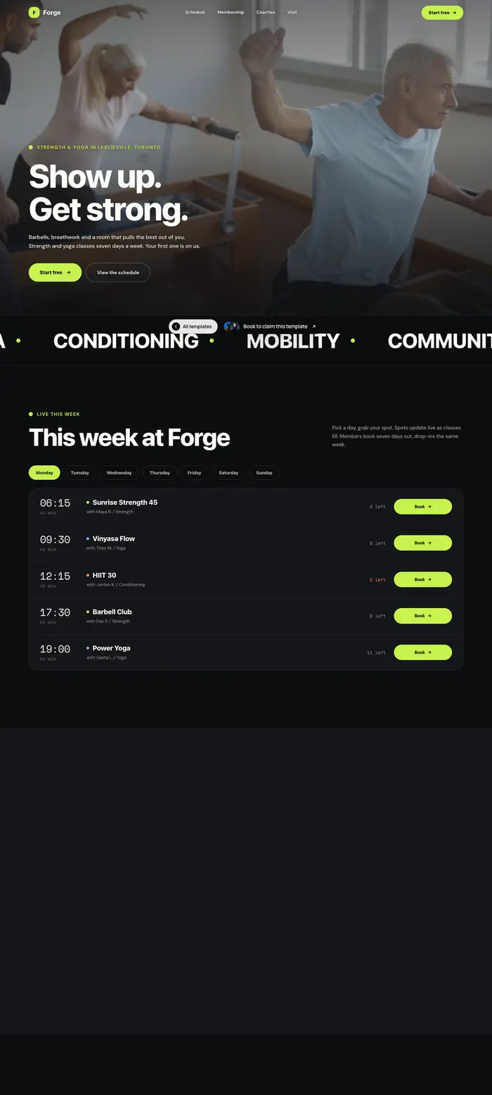 A fitness studio: show up, get strong, with a conditioning and mobility timetable
