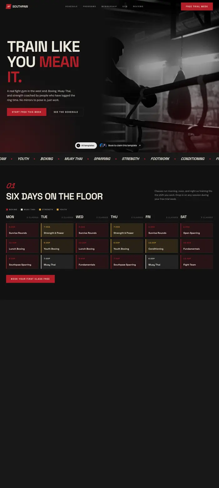 A boxing gym: train like you mean it, in red and black with a six-days-on-the-floor schedule