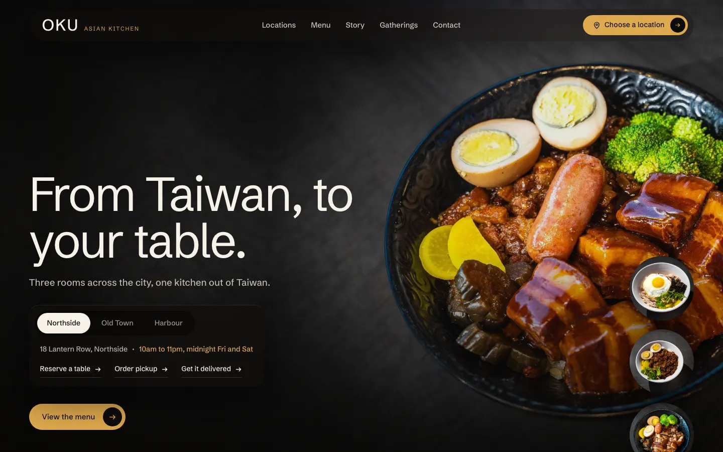 The OKU Asian Kitchen template: Three rooms, one menu, and a location picker that changes the page.