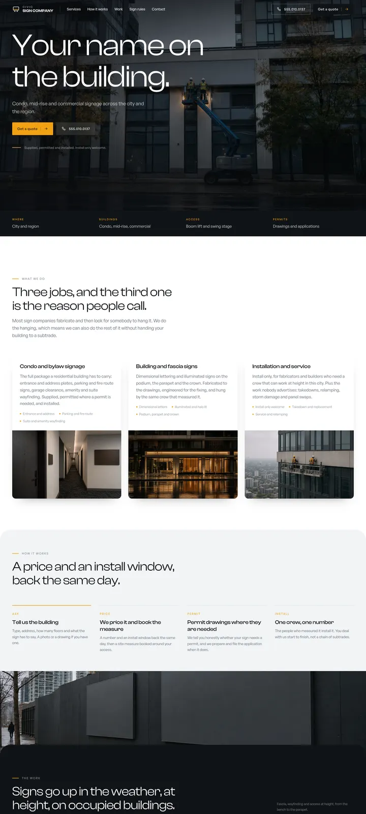 The Civic Sign Co. template: A stacked wordmark, night facades and a permit aware quote.