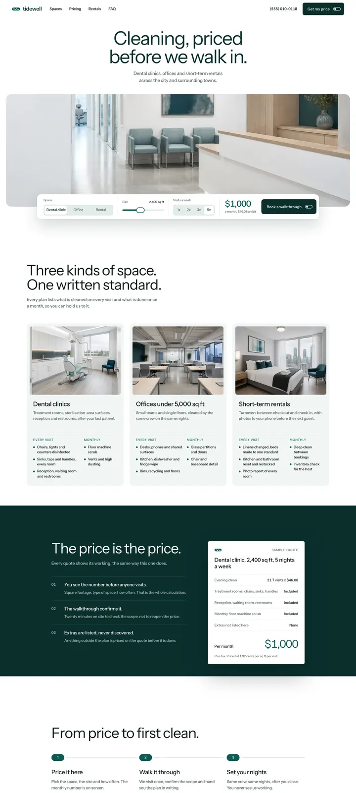 The Tidewell Cleaning template: An instant quote with the price on screen, and a receipt to match.