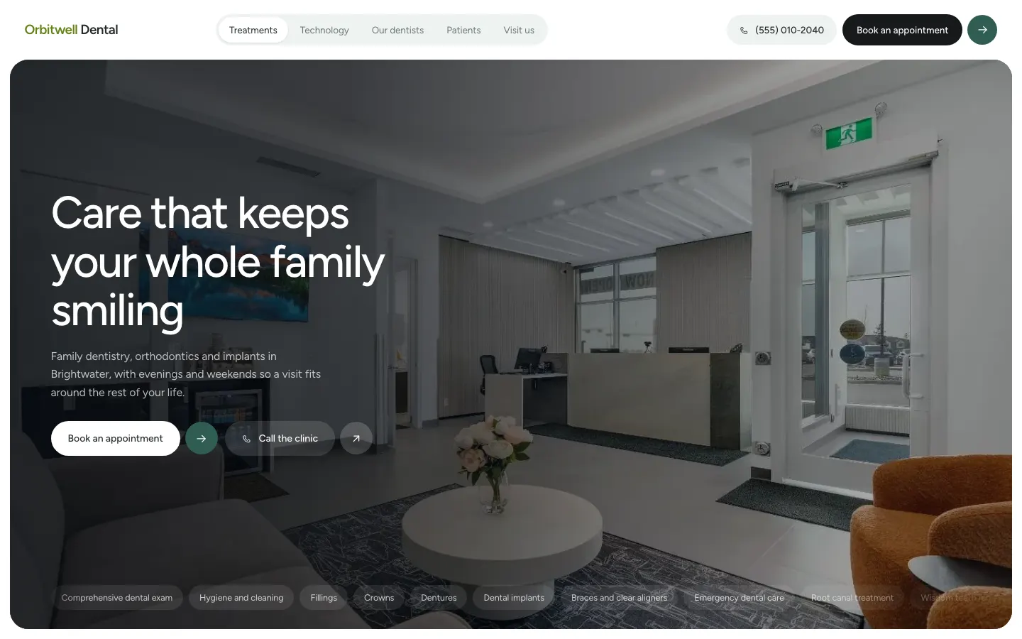 The Orbitwell Family Dental template: A friendly clinic page with an icon system, hours and booking up front.