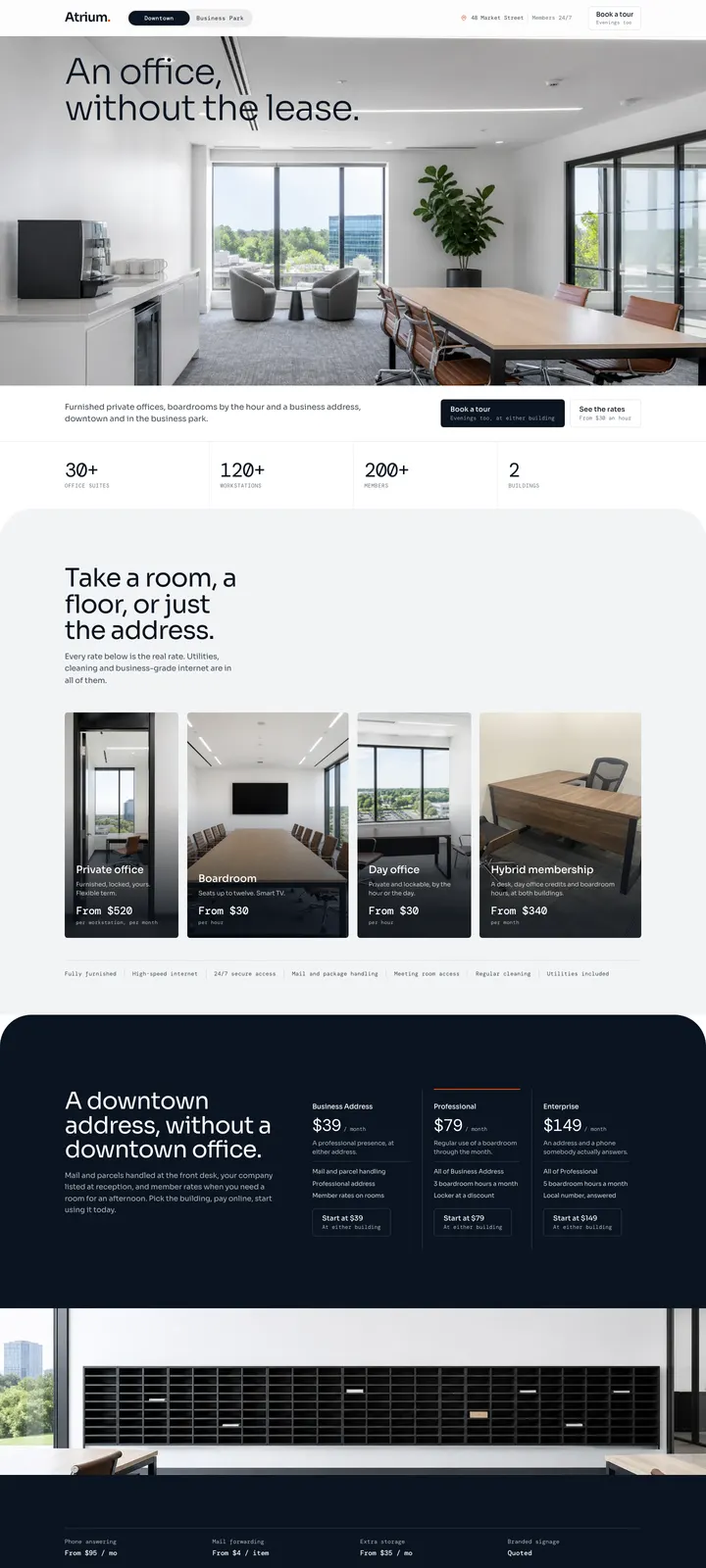The Atrium Workspace template: Two locations, one switch, and every number set in mono.
