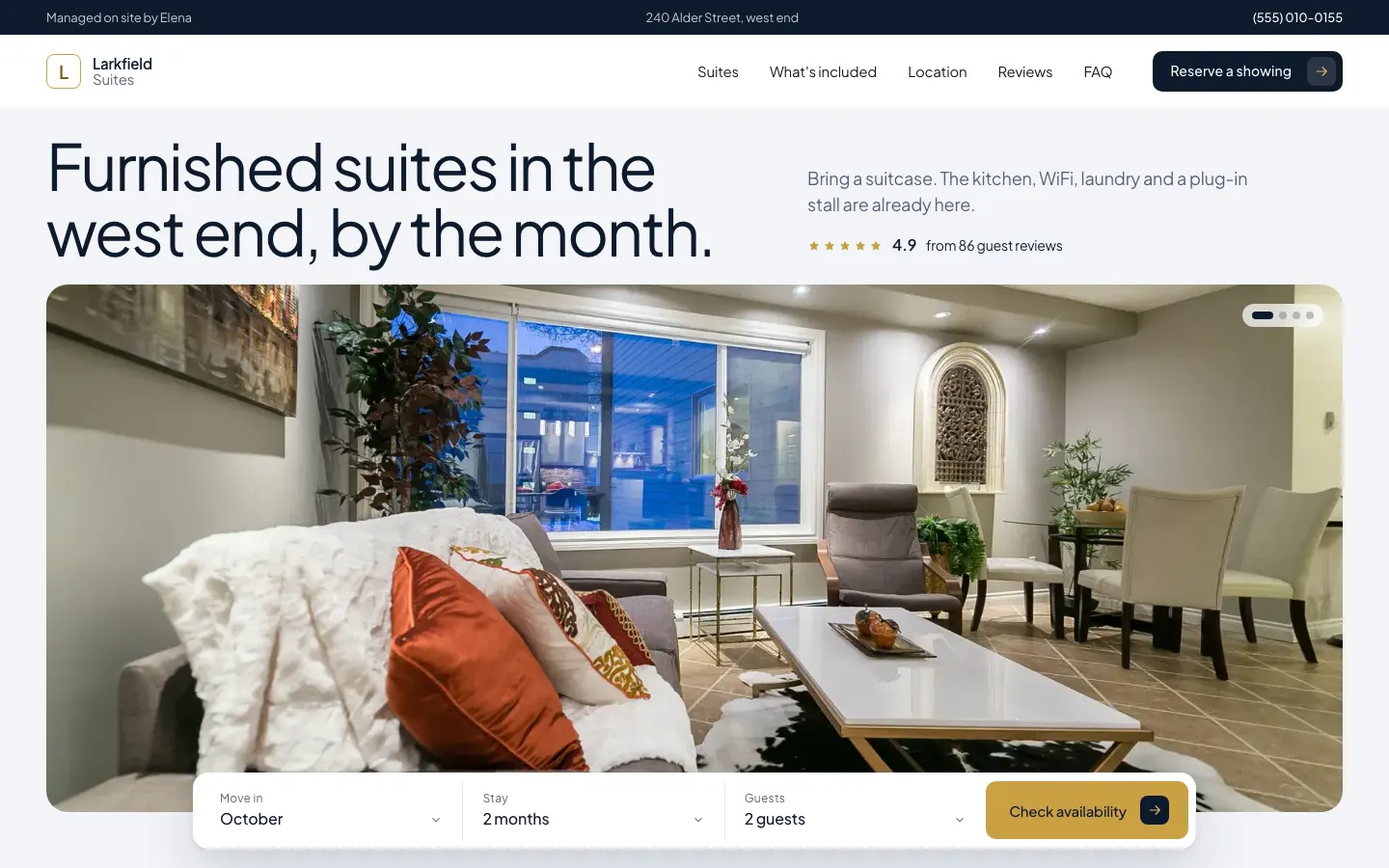 The Larkfield Suites template: Explore each suite, see what is included, and reserve from a sheet.
