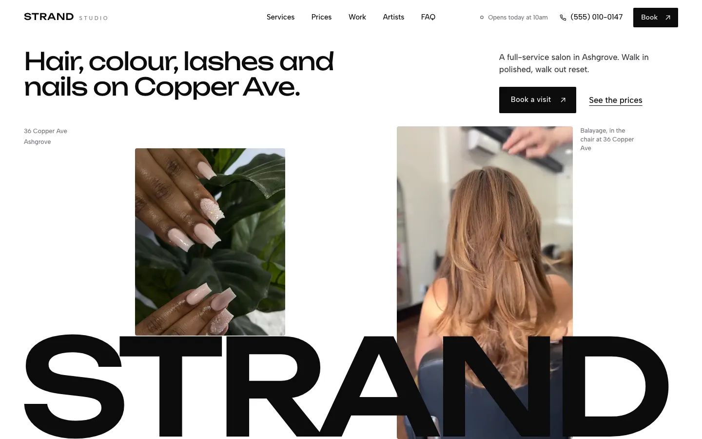 The STRAND Studio template: A full width wordmark with the reel playing behind the letters.