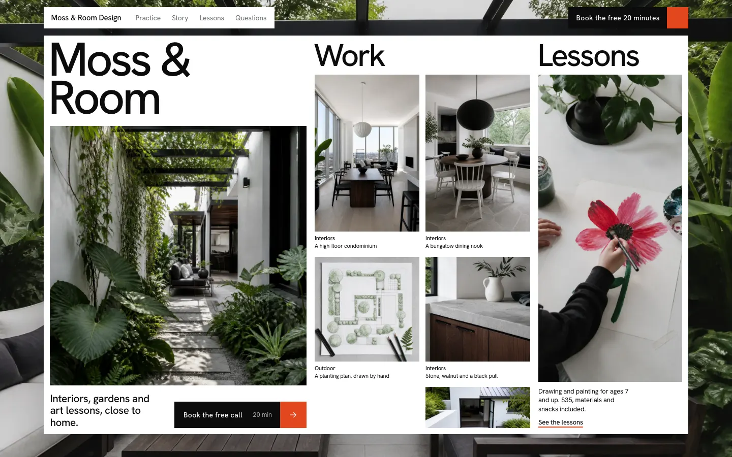 The Moss & Room Design template: The room behind the page changes as you hover.