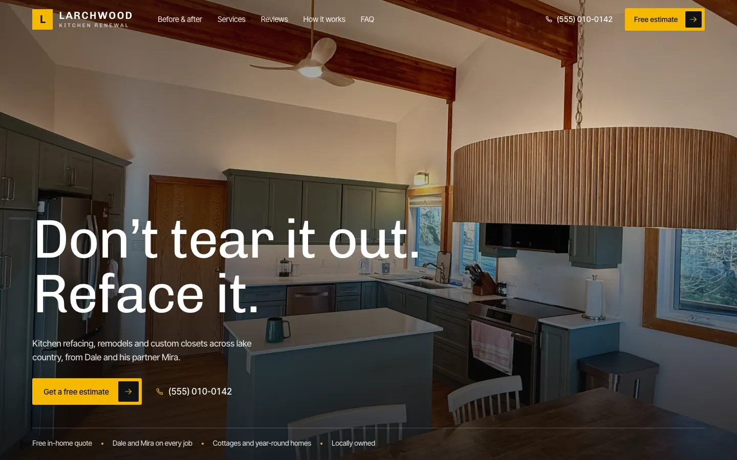 The Larchwood Kitchen Renewal template: Before and after, dragged side by side, room by room.