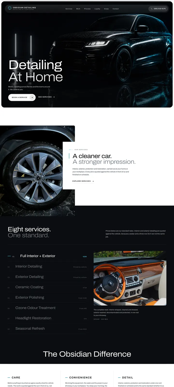 The Obsidian Detailing template: A service index, a stacked price list and a loyalty ledger.