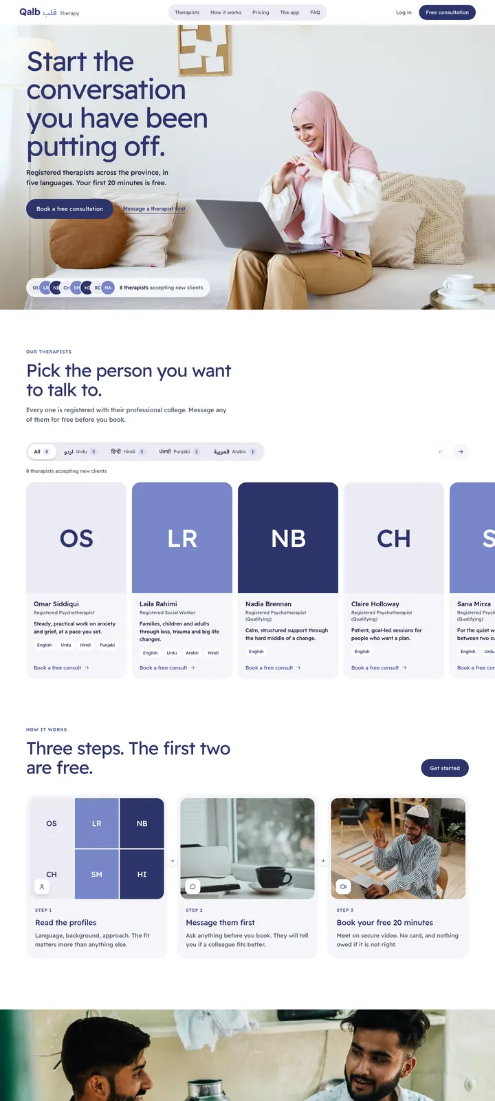 The Qalb Therapy template: Latin and Arabic in one type family, with a therapist filter by language.