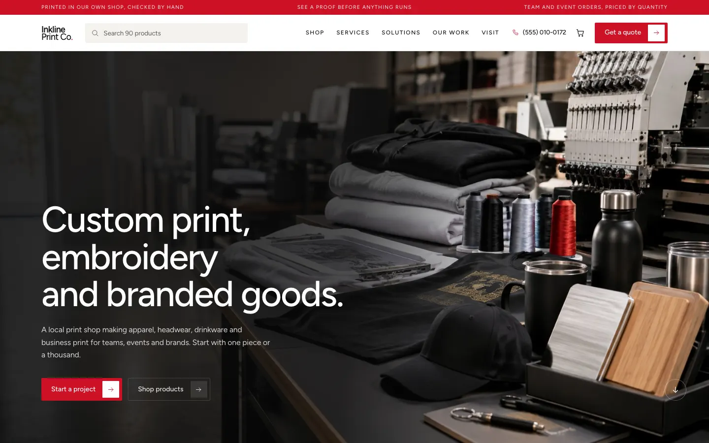 The Inkline Print Co. template: A utility bar, a shop ledger and a start a project form.