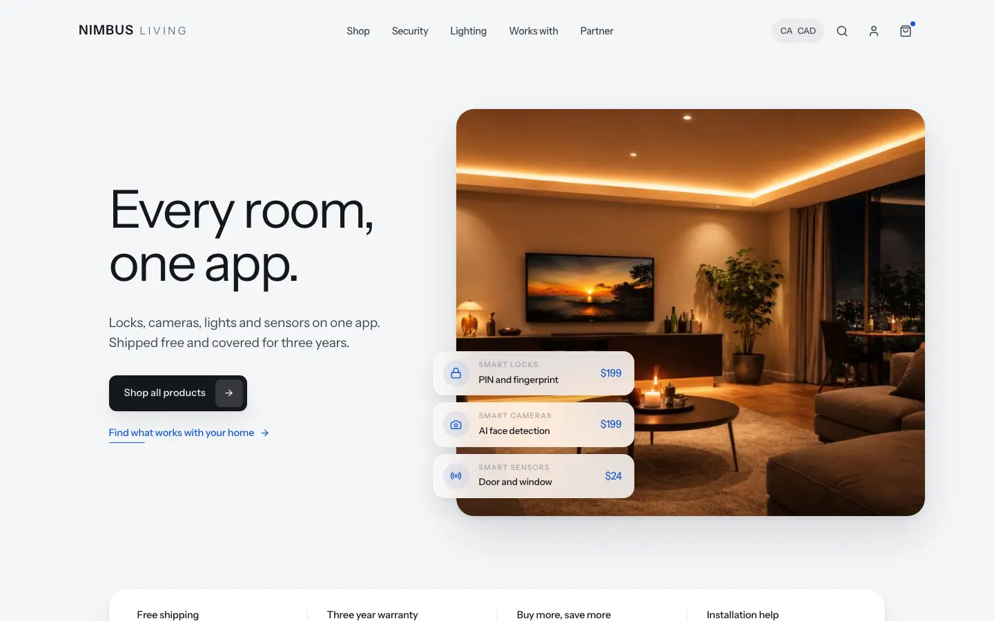 The Nimbus Living template: Hero cards by room, categories, and a cart drawer.